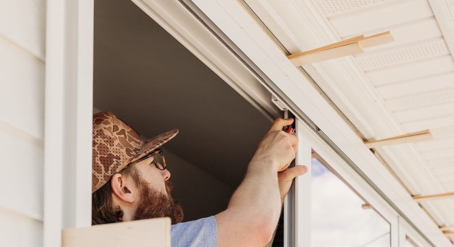 Door repair work on an exterior door frame