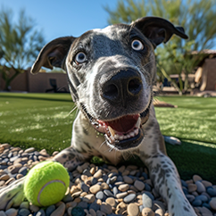Playful spotted dog with bright blue eyes lying on pebbles near a tennis ball.