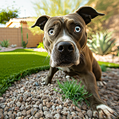 Curious brown dog with blue eyes staring at the camera while standing on pebbles in a yard.