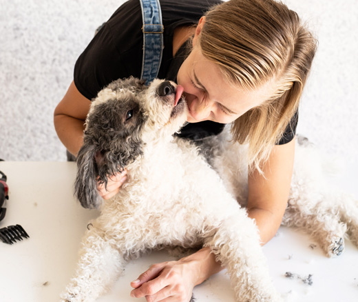 Woman affectionately hugging and grooming a fluffy dog on a grooming table.