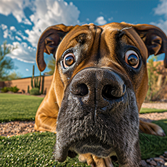 Brown dog with expressive eyes and a wrinkled face staring closely into the camera outdoors.