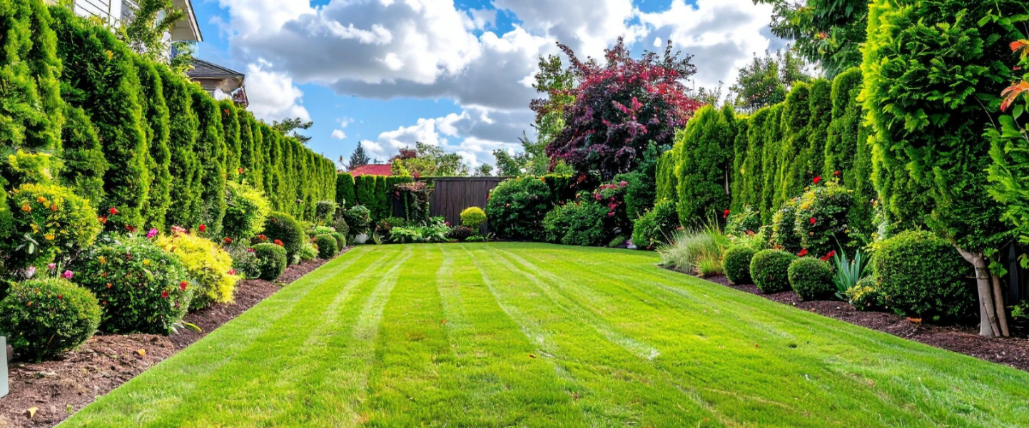 Neatly manicured backyard lawn bordered by hedges and colorful flowering shrubs.