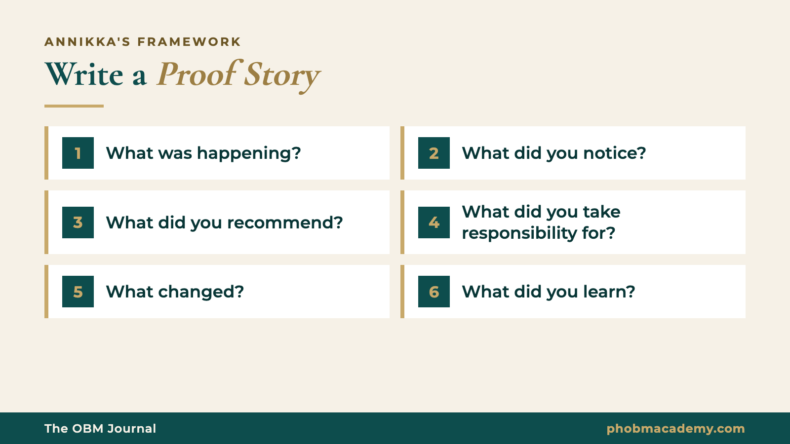 The Proof Story: six questions that turn your work into proof of OBM experience