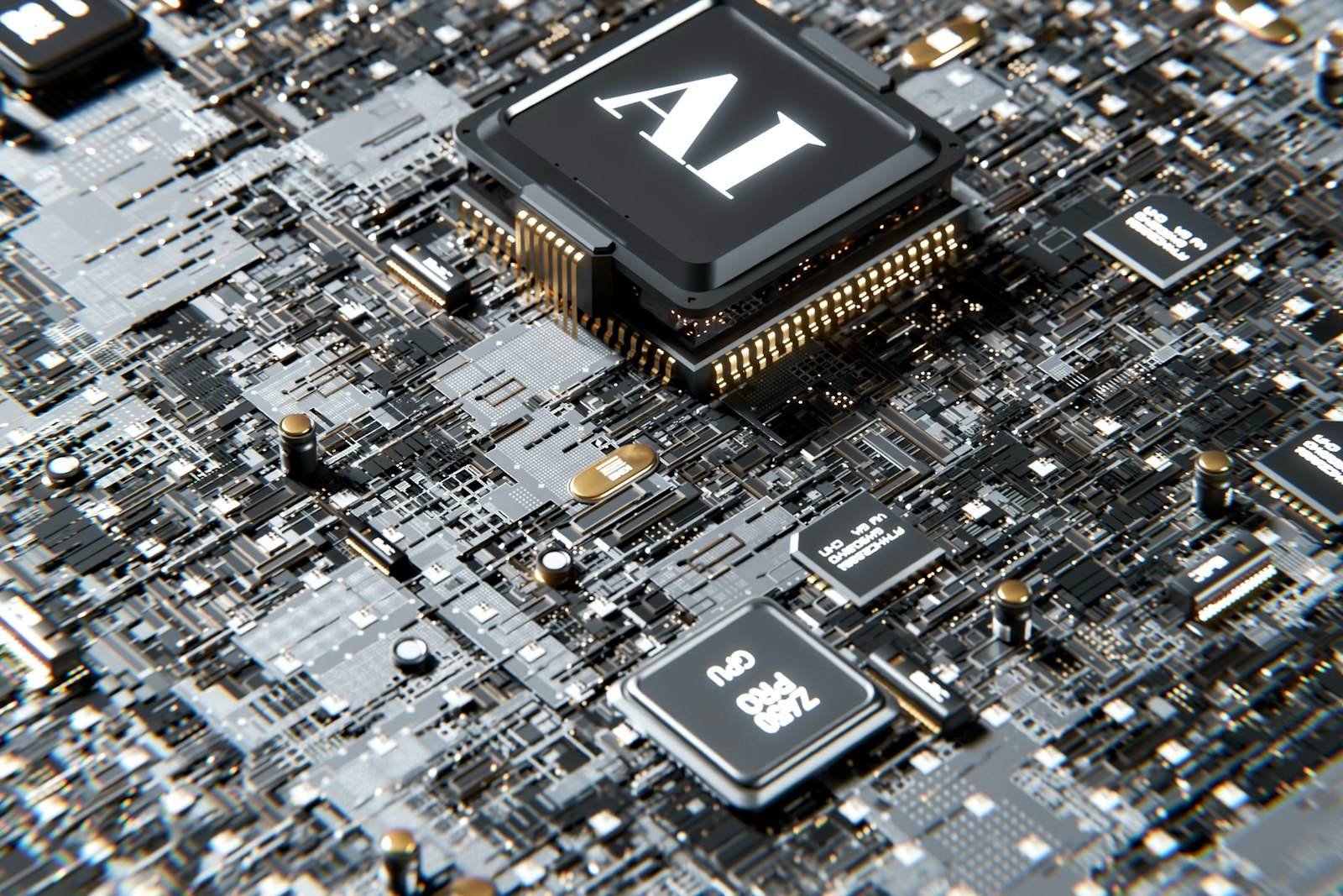 A computer chip marked AI on a circuit board