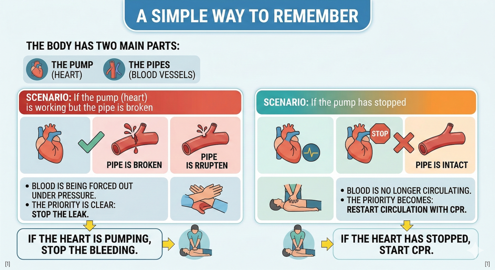 pump vs pipes analogy for cpr vs treat life threatening bleeding