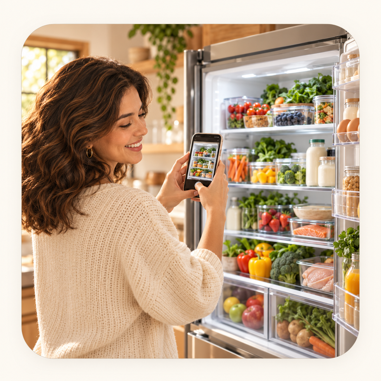 Mujer tomando foto a su refrigerador para que Homy analice los ingredientes