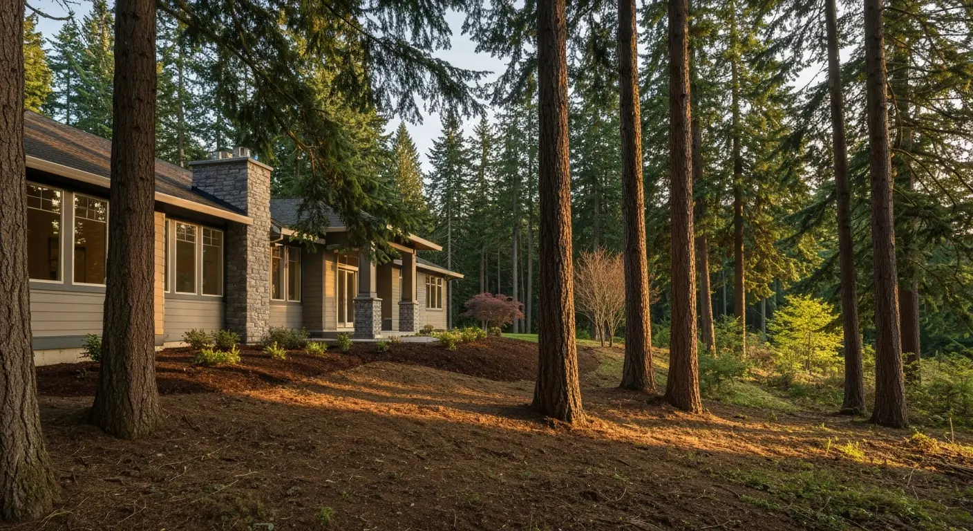 Forest home surrounded by evergreens