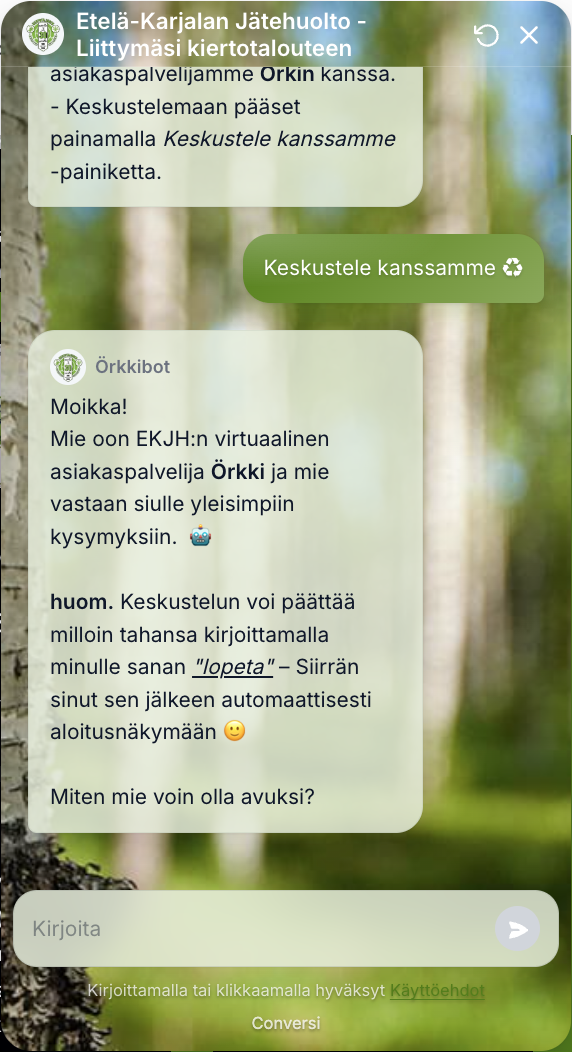 Etelä-Karjalan Jätehuollon Conversi AI-chatbot asiakaspalvelussa