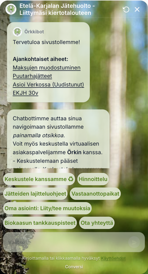 Etelä-Karjalan Jätehuollon Conversi-hybridi-chatbot yhdistää ohjatut valinnat ja AI-keskustelun