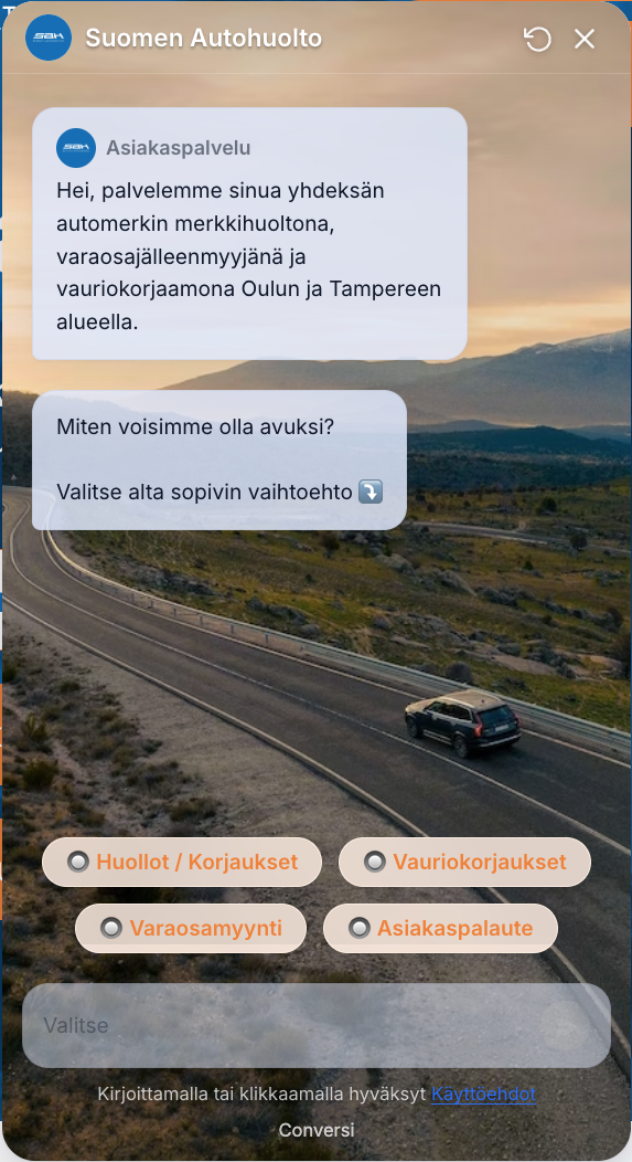 Suomen Autohuollon Conversi-chatbot ohjaa asiakkaan oikeaan palveluun