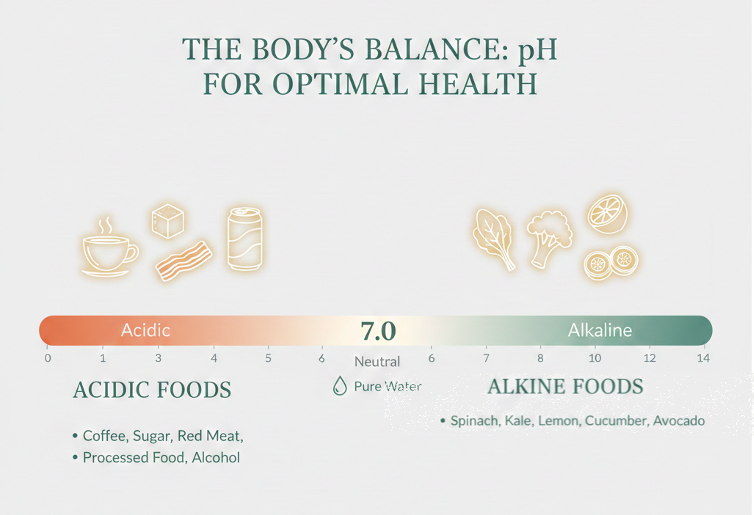 Professional pH scale infographic for digestive health, illustrating the balance between acidic foods like coffee and processed meat versus alkaline foods like leafy greens and lemon, curated by ColonCARE Mauritius.