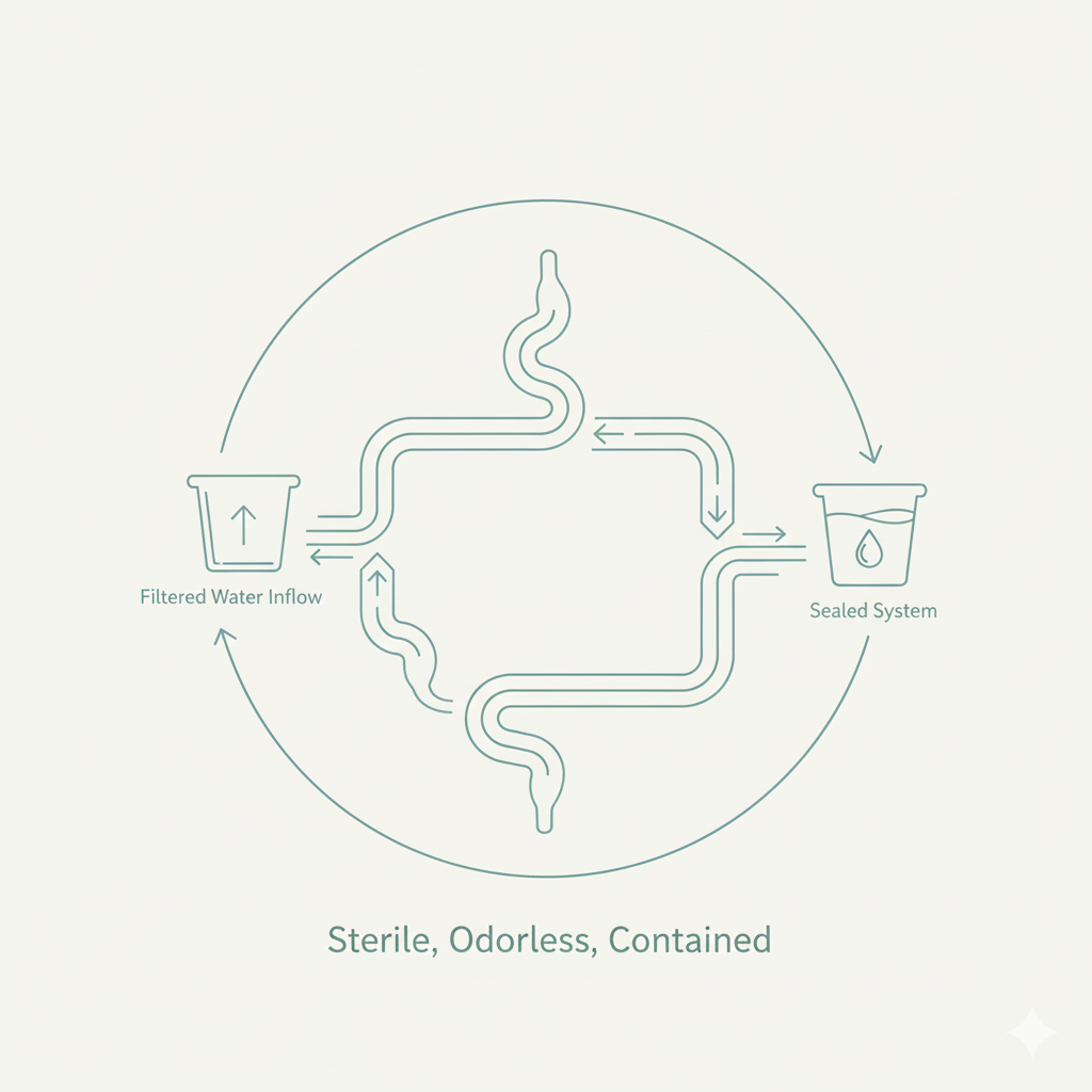 Infographic diagram of the sterile closed-circuit colon hydrotherapy system at ColonCARE Mauritius, showing the odorless and contained flow of filtered water inflow and waste removal for maximum hygiene. Infographic diagram of the sterile closed-circuit colon hydrotherapy system at ColonCARE Mauritius, showing the odorless and contained flow of filtered water inflow and waste removal for maximum hygiene.