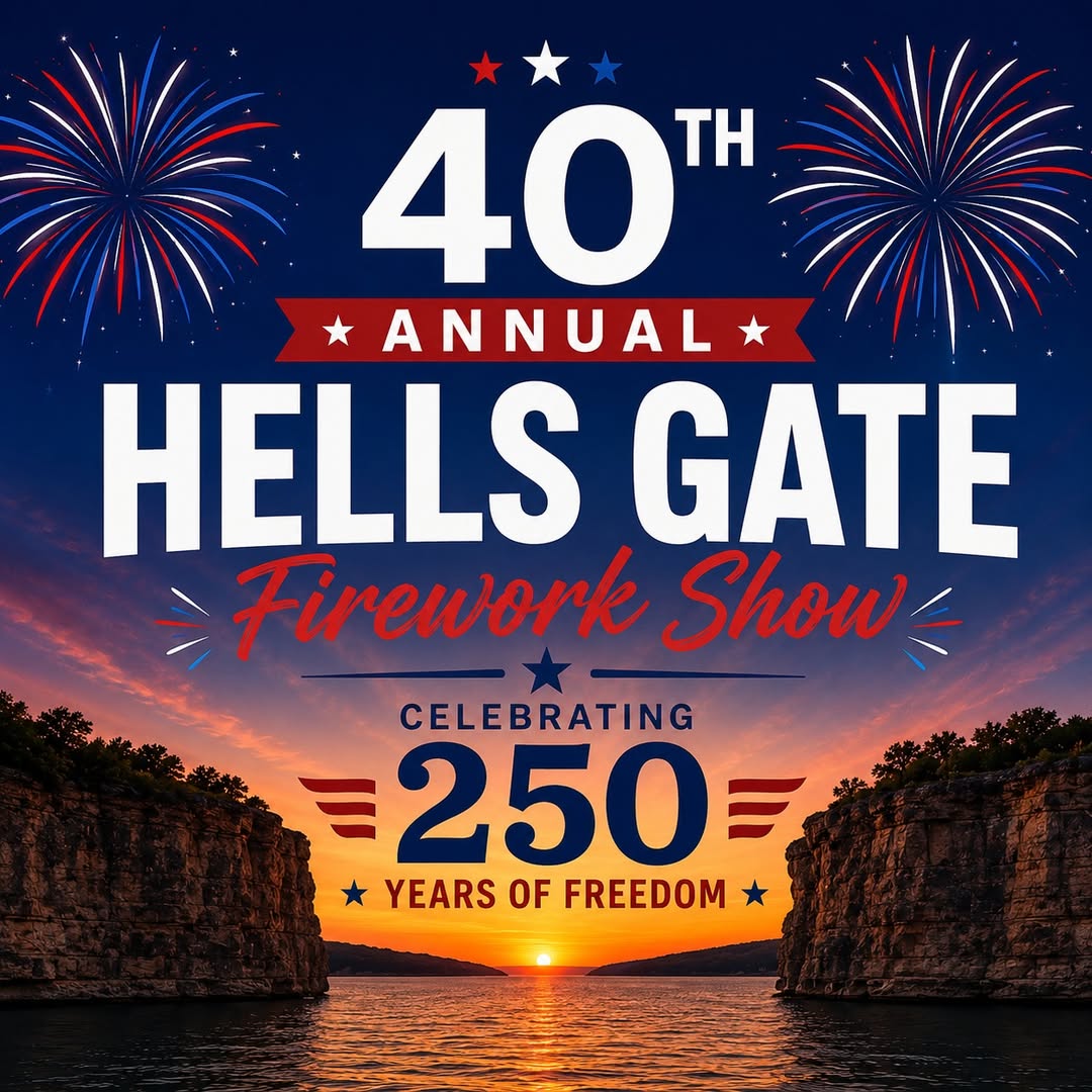 40th Annual Hell's Gate Fireworks Show graphic celebrating 250 years of freedom, with sunset over the Hell's Gate rock formation on Possum Kingdom Lake, Texas 40th Annual Hell's Gate Fireworks Show graphic celebrating 250 years of freedom, with sunset over the Hell's Gate rock formation on Possum Kingdom Lake, Texas