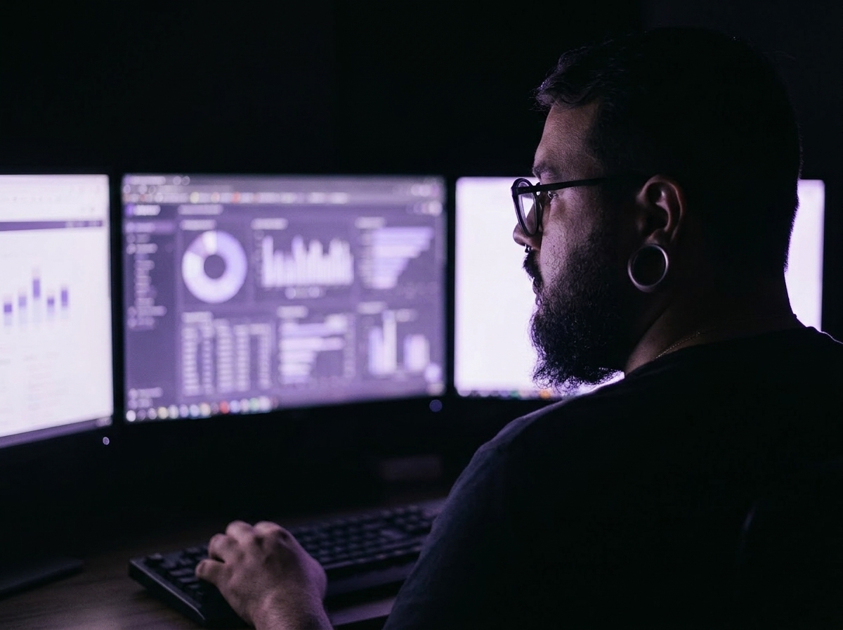 Jhonathas Freire construindo uma conta de CRM de madrugada, em frente a três monitores