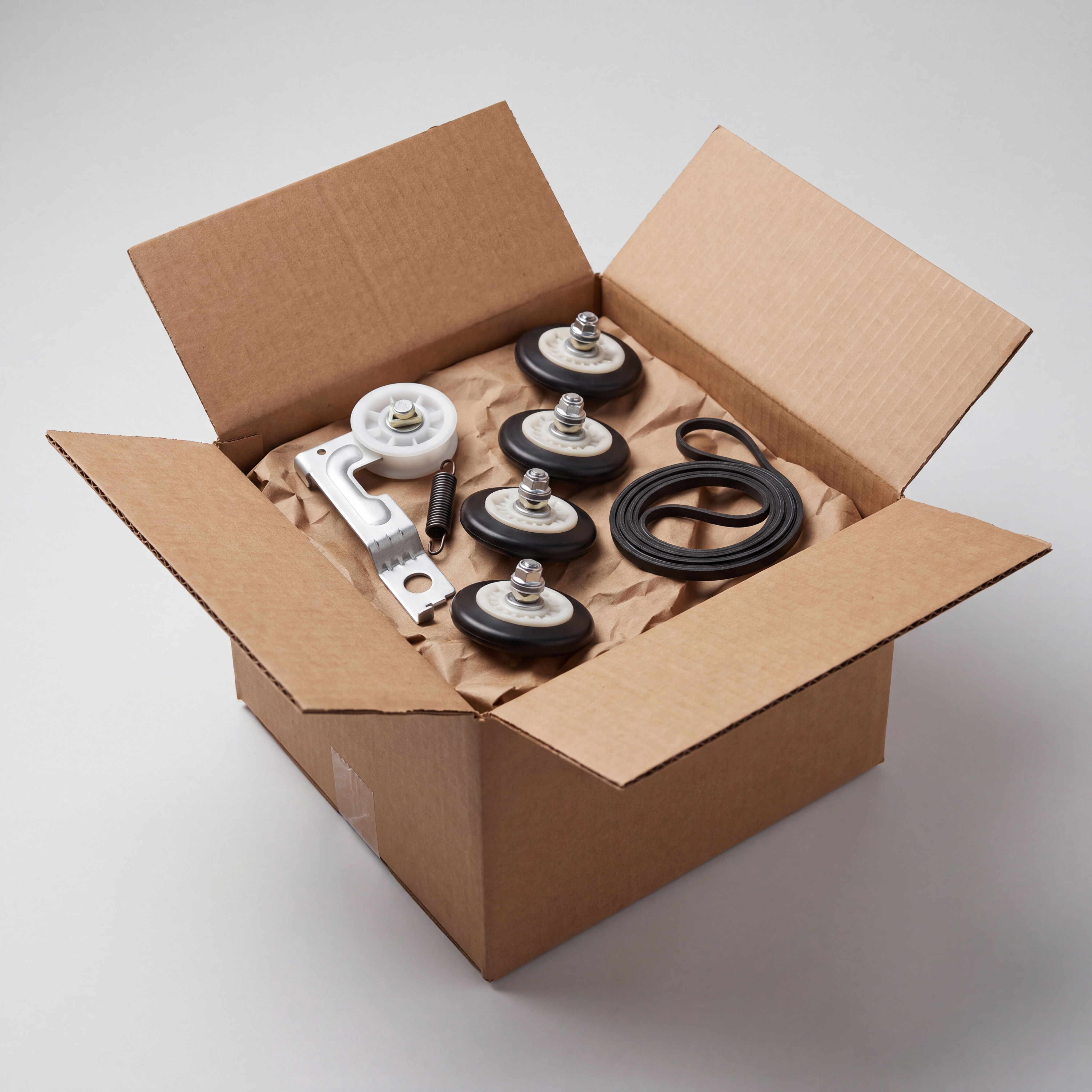 LG dryer drum roller kit: rollers, shafts and tri-rings laid out on white
