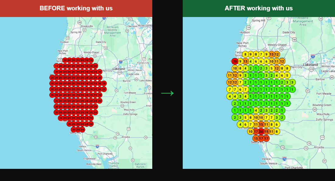 Local Falcon heat map – Tampa Bay area rankings before and after working with Tampa Bay Marketing Company