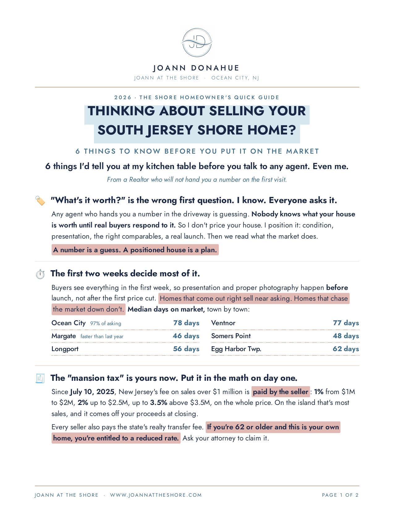 Page one of the guide: Thinking About Selling Your South Jersey Shore Home?