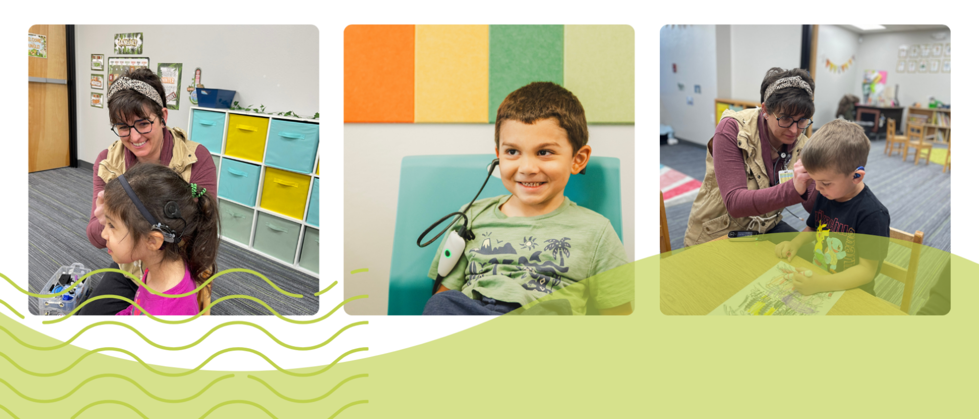 Children receiving hearing care and cochlear implant support at Desert Voices Audiology — audiologists assisting kids with hearing devices and therapy in a bright, child-friendly clinic. Children Pediatric Audiology in Phoenix.