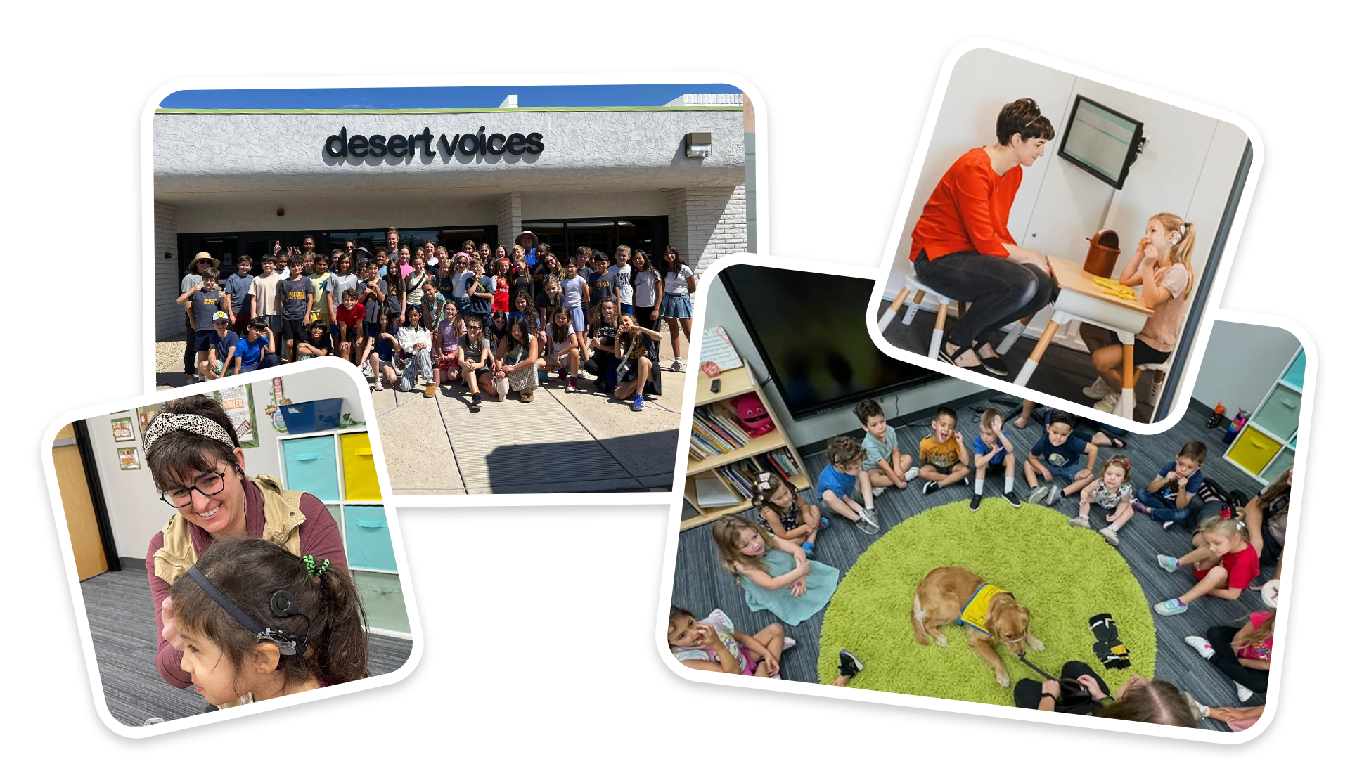 Children Pediatric Audiology in Phoenix – group of kids and teachers at Desert Voices school engaging in speech therapy, classroom learning, and outdoor activities.
