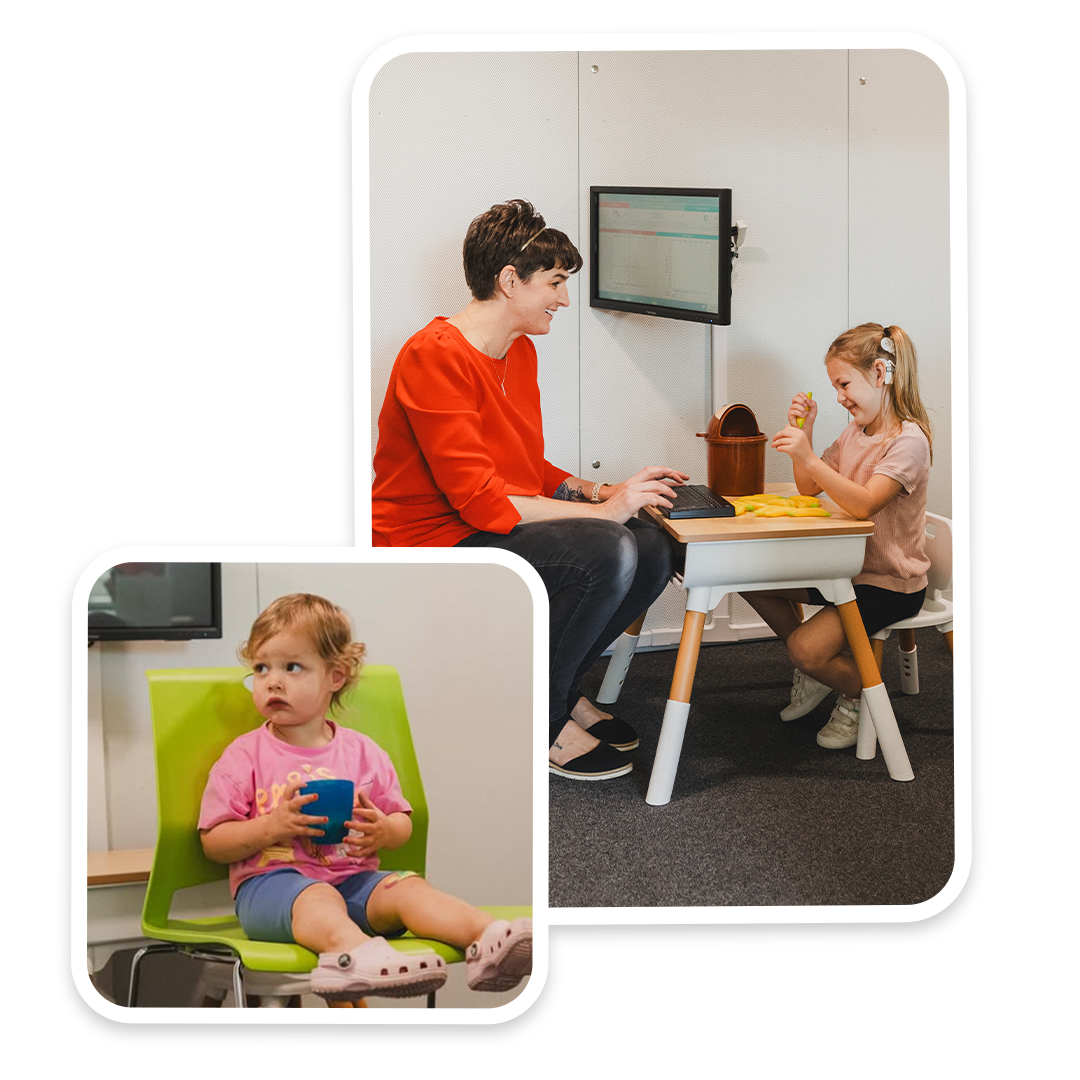 Children Pediatric Audiology in Phoenix – young girls participating in hearing and speech therapy sessions with a specialist in a modern clinic setting.