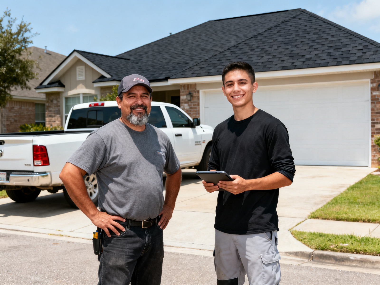 Second Life Roofs applicators in front of a client's home