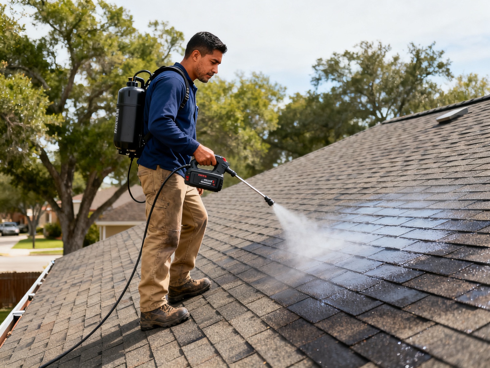 Applicator spraying asphalt shingles
