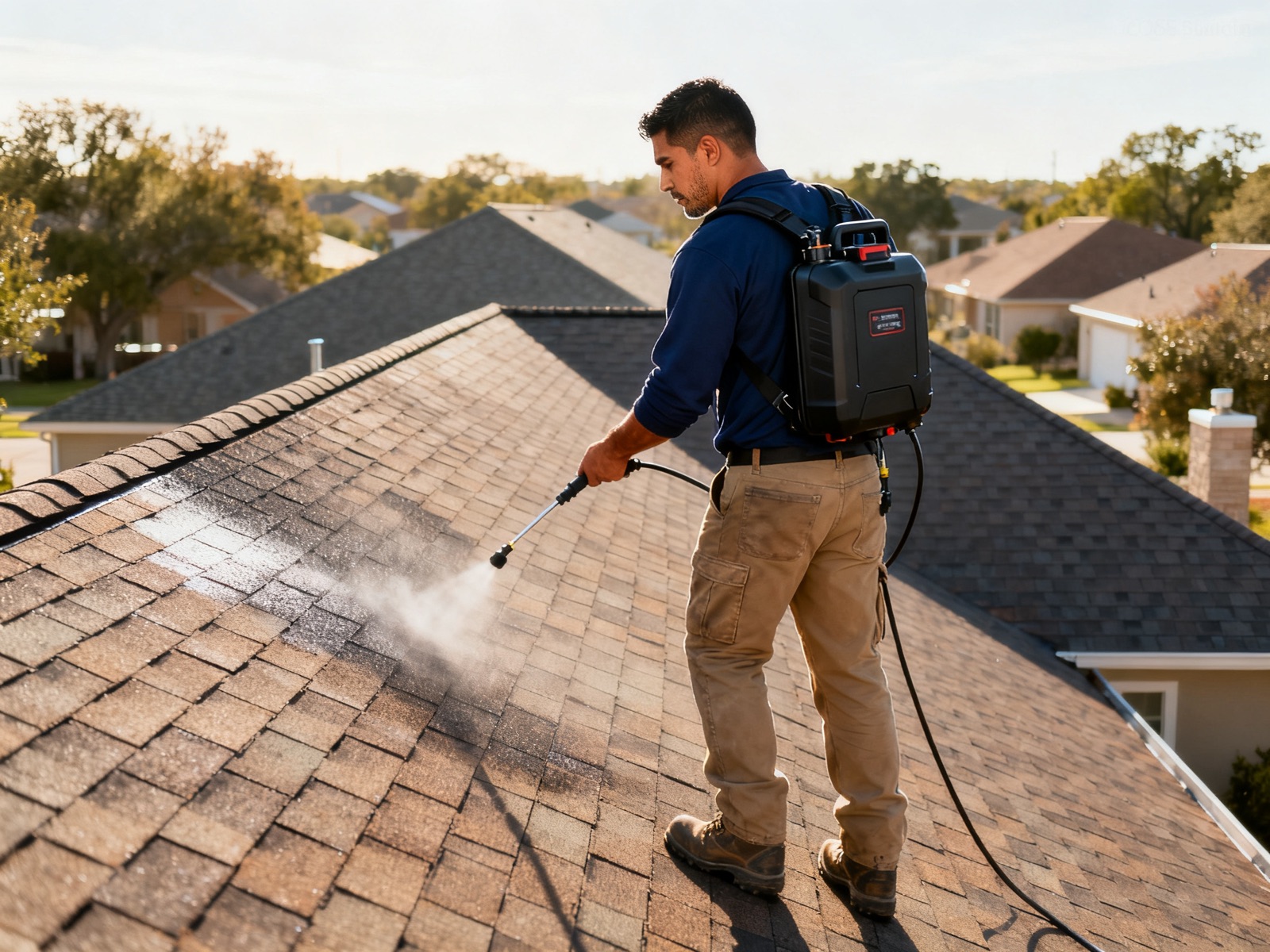 Second Life Roofs applicator spraying rejuvenator on a hip roof