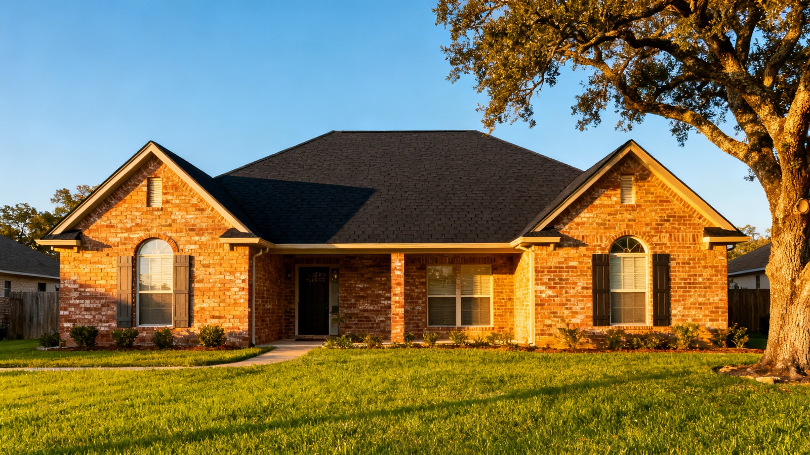 Houston brick home with a restored dark shingle roof