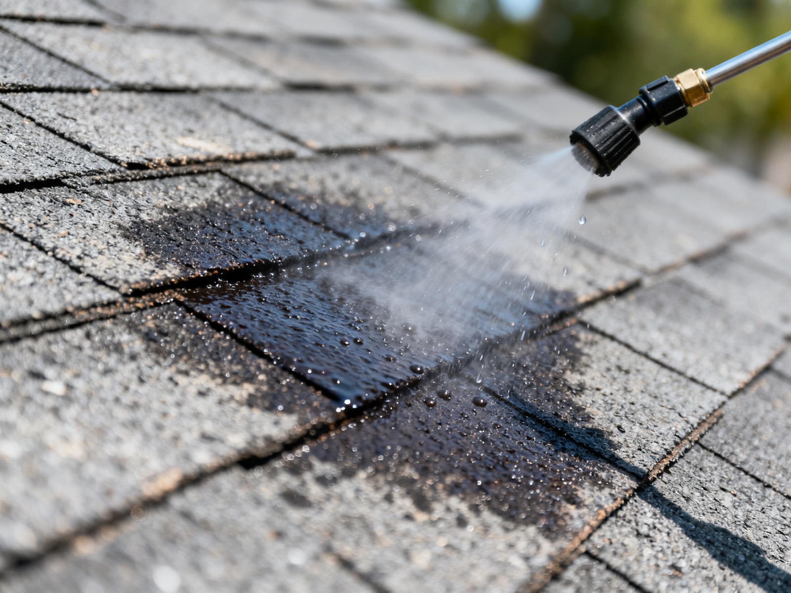 Close-up of rejuvenator soaking into shingles