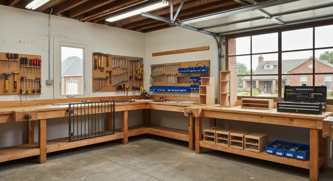 Workshop garage with work benches