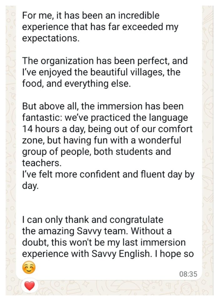 WhatsApp message from an immersion participant