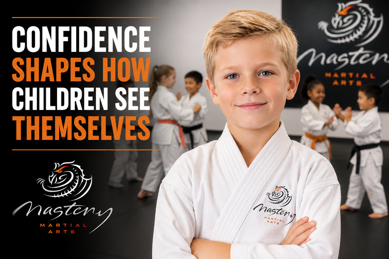 Confident young martial arts student demonstrating positive self-image, leadership, and personal growth.