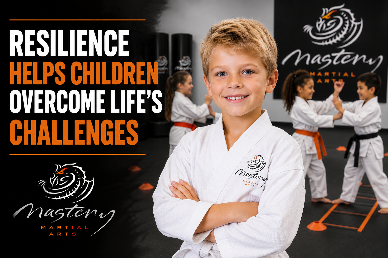 Young martial arts student developing resilience, perseverance, and confidence through positive coaching.