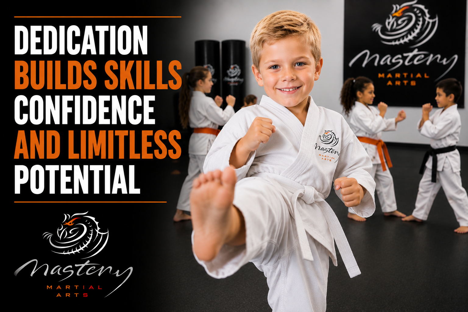 Young martial arts student demonstrating focus, discipline, and confidence during class.