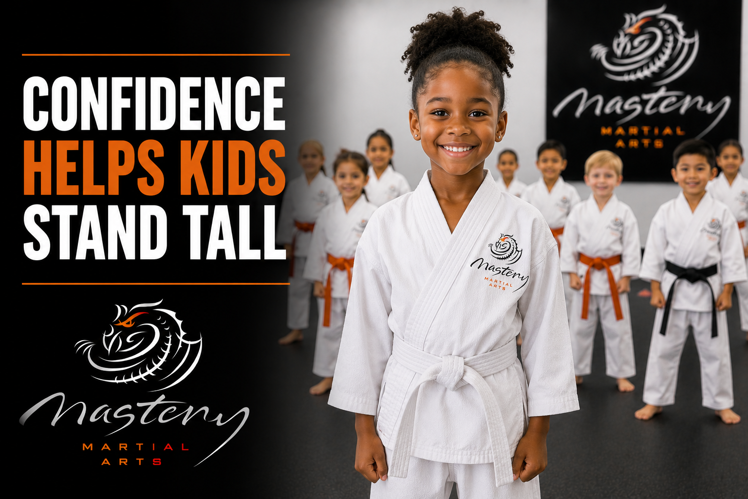 Diverse group of Mastery Martial Arts students building confidence, leadership, resilience, and social skills together.