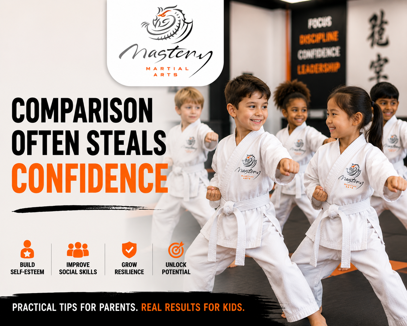 Diverse group of Mastery Martial Arts students building confidence, friendship, and leadership skills through positive martial arts training. Diverse group of Mastery Martial Arts students building confidence, friendship, and leadership skills through positive martial arts training.