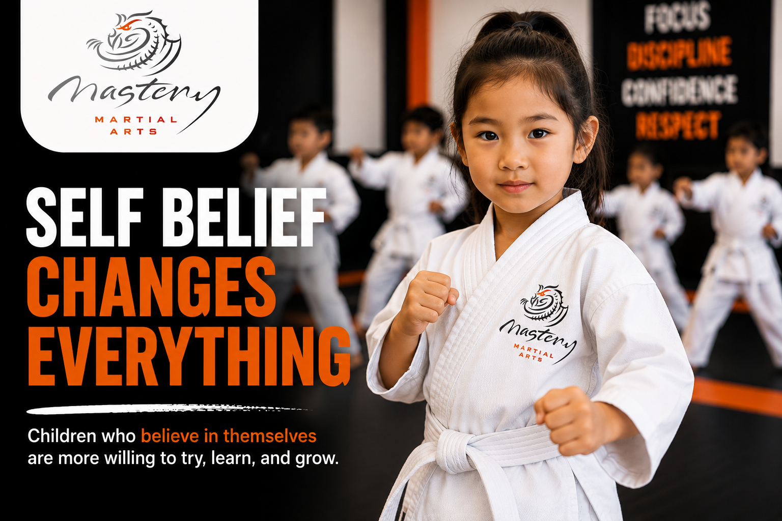 Young Mastery Martial Arts student building self-belief, confidence, and resilience through positive martial arts training.