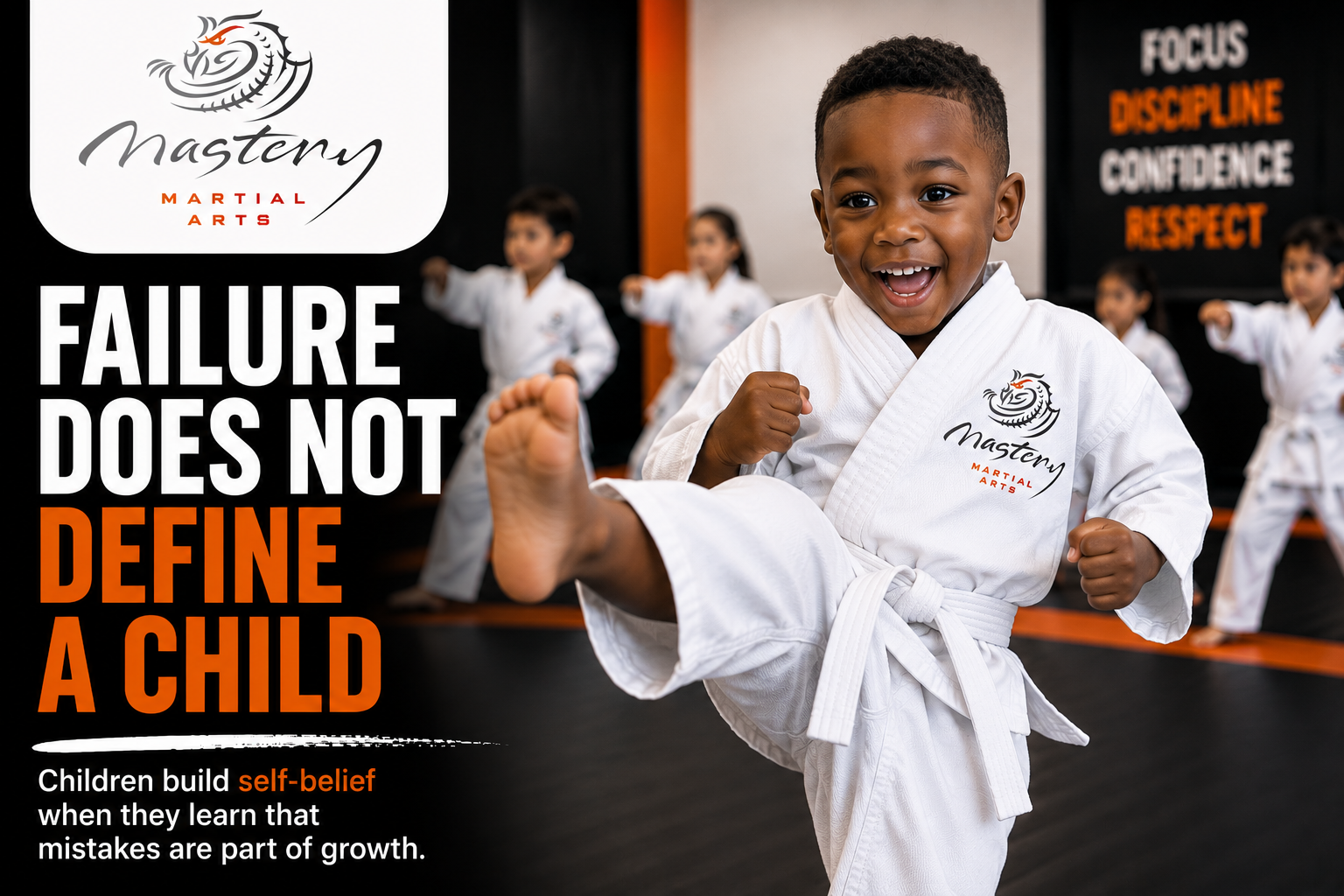 Young Mastery Martial Arts student learning resilience, confidence, and perseverance after making mistakes and continuing to improve.