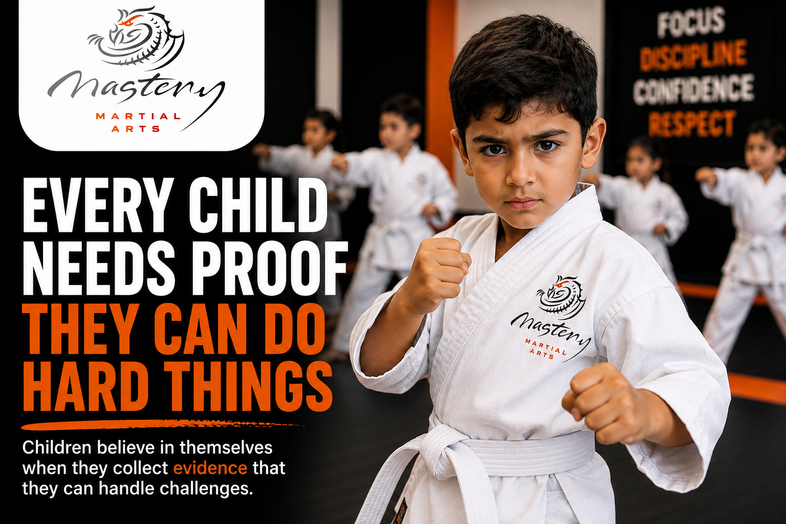 Young Mastery Martial Arts student developing confidence and self-belief by overcoming challenges and accomplishing difficult goals.