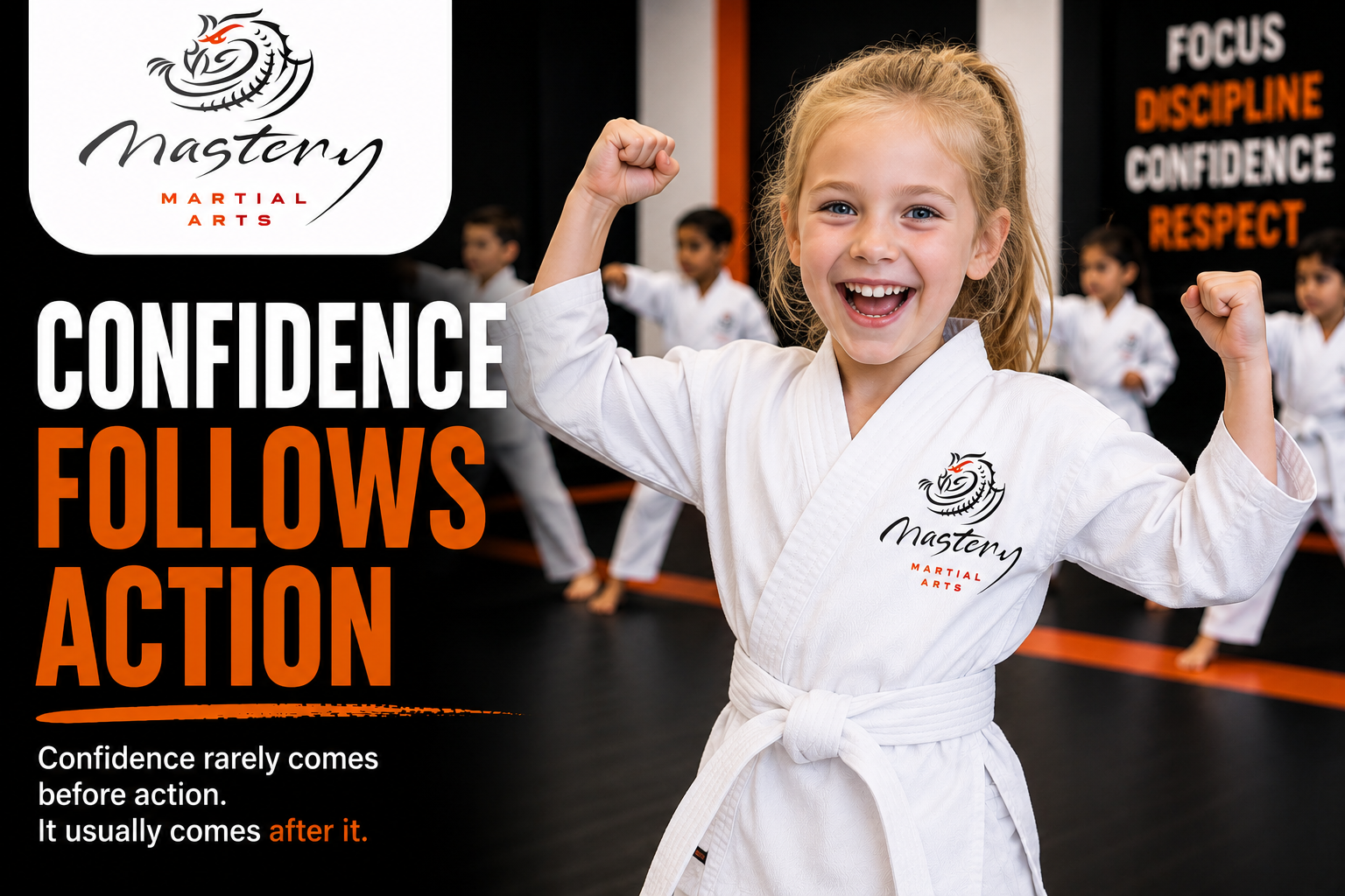 Young Mastery Martial Arts student celebrating success after taking action, overcoming challenges, and building confidence through experience.