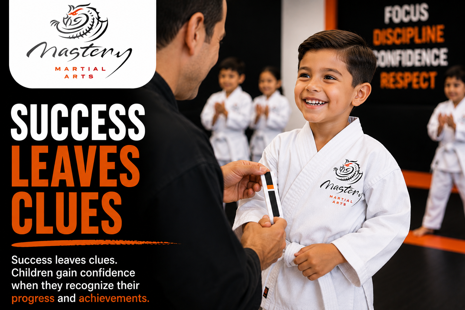Young Mastery Martial Arts student receiving recognition and building confidence through positive coaching, achievement, and leadership development.