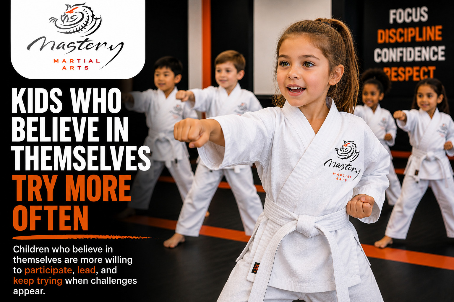 Young Mastery Martial Arts student leading other children while demonstrating confidence, leadership, and self-belief.