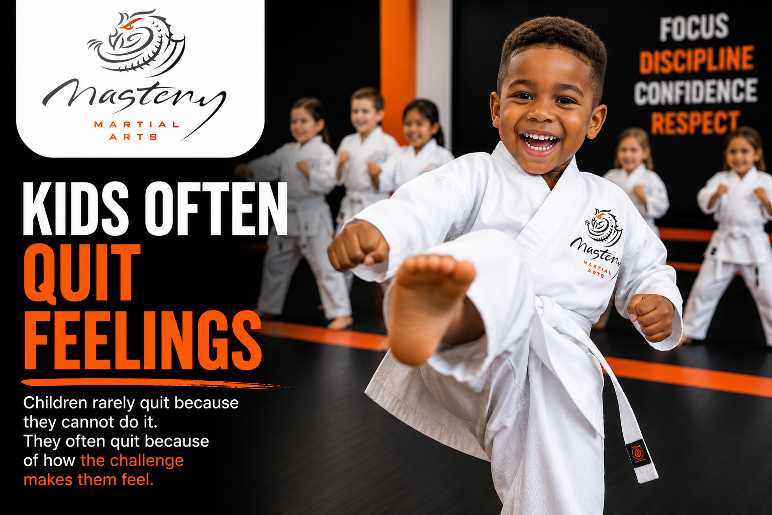 Young Mastery Martial Arts student learning how to handle frustration, stay positive, and keep trying when challenges become difficult.