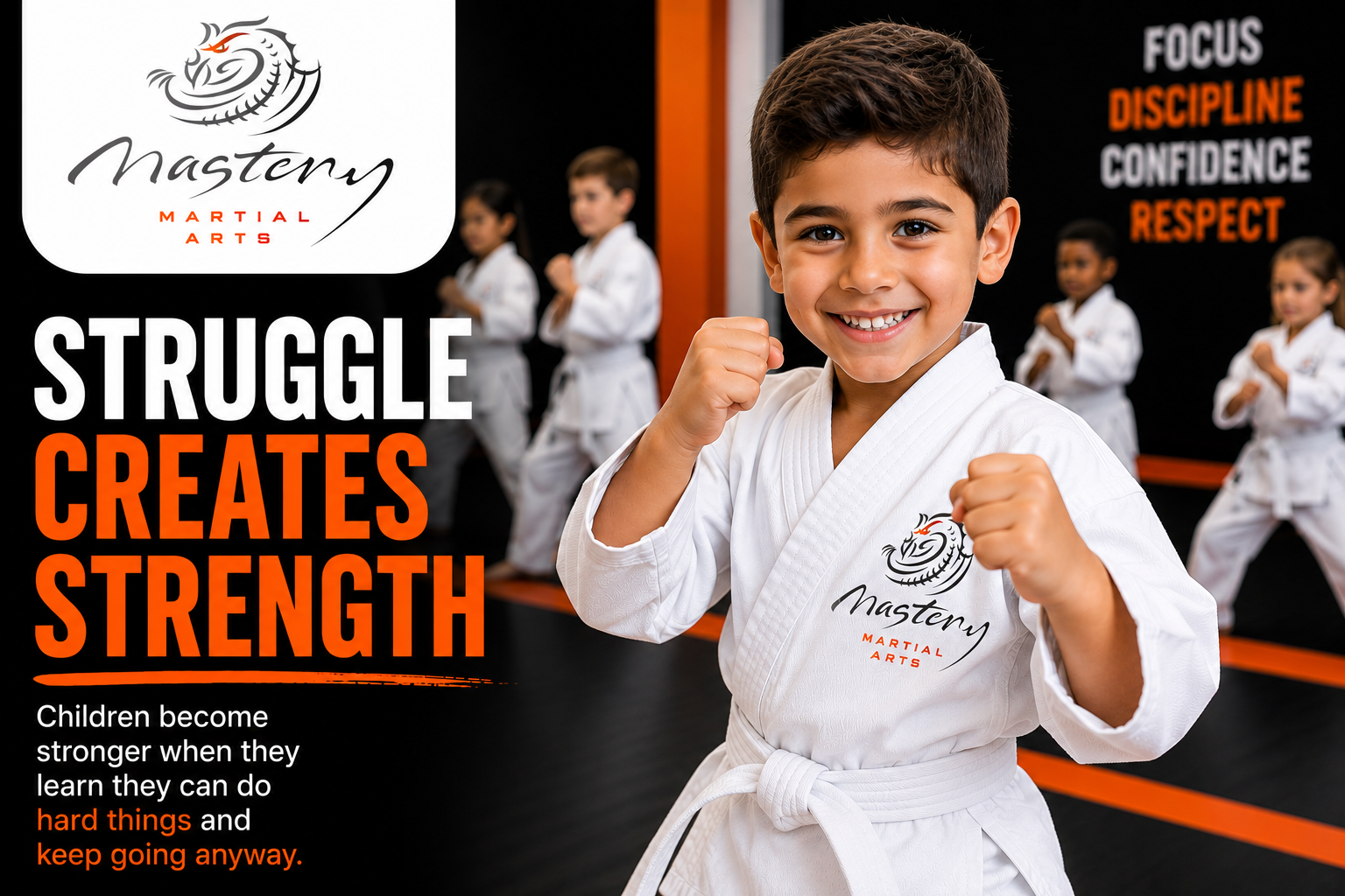 Young Mastery Martial Arts student building resilience, perseverance, and confidence through challenging training and consistent effort.
