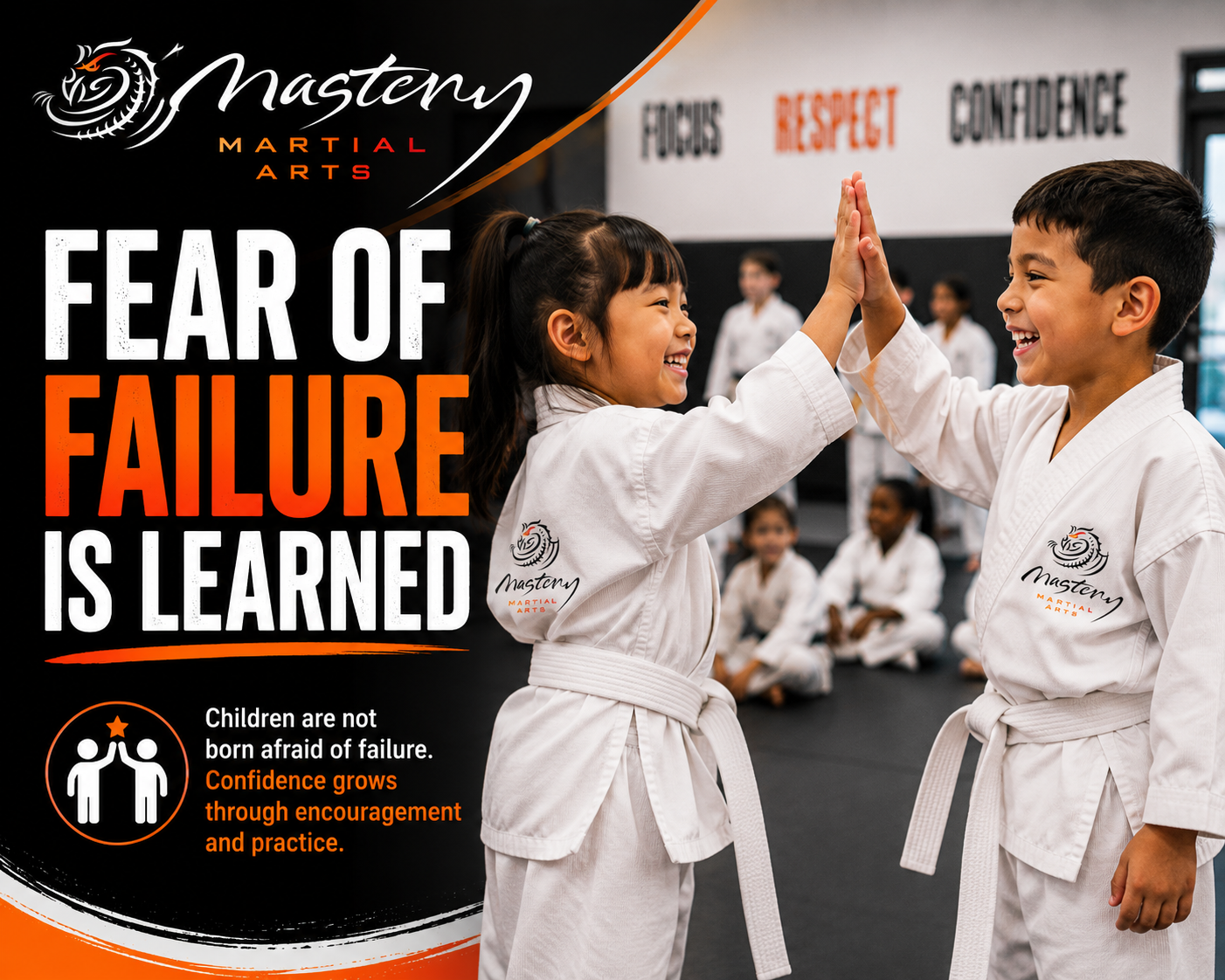 Two young Mastery Martial Arts students encouraging each other during class while building confidence, resilience, and self-belief. Two young Mastery Martial Arts students encouraging each other during class while building confidence, resilience, and self-belief.