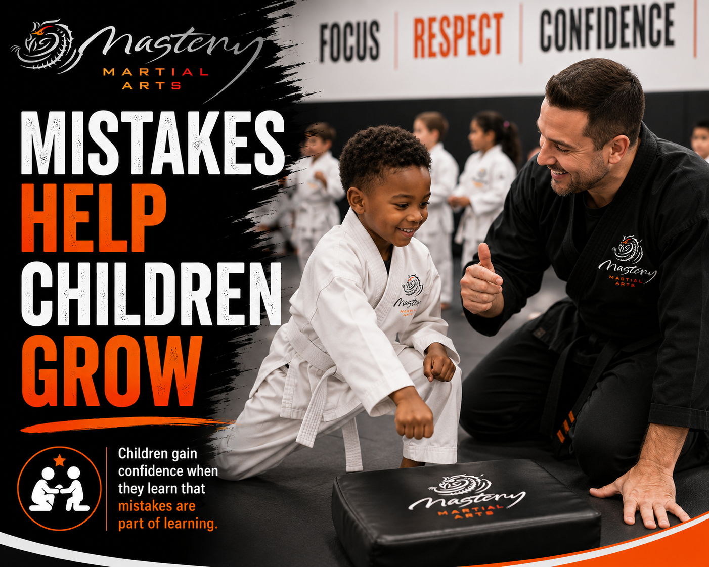 Mastery Martial Arts instructor encouraging a young student while helping them learn a new skill and build confidence. Mastery Martial Arts instructor encouraging a young student while helping them learn a new skill and build confidence.