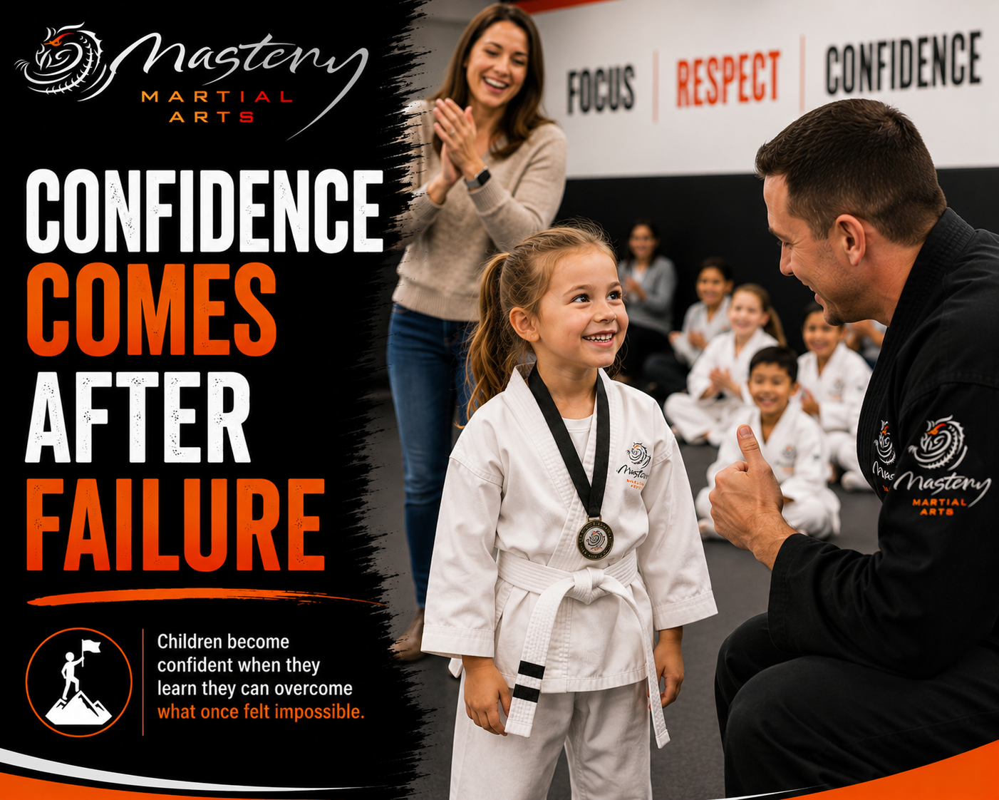 Young Mastery Martial Arts student celebrating success after overcoming a difficult challenge and building confidence. Young Mastery Martial Arts student celebrating success after overcoming a difficult challenge and building confidence.