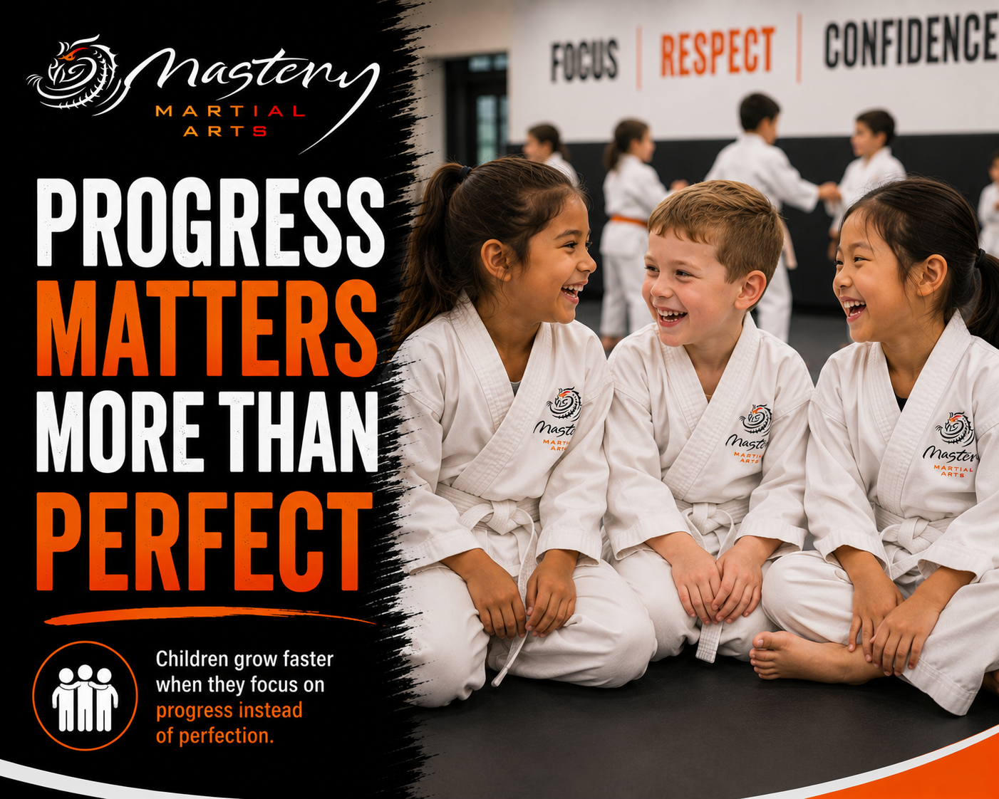 Mastery Martial Arts students smiling and laughing together while learning confidence, friendship, and resilience. Mastery Martial Arts students smiling and laughing together while learning confidence, friendship, and resilience.