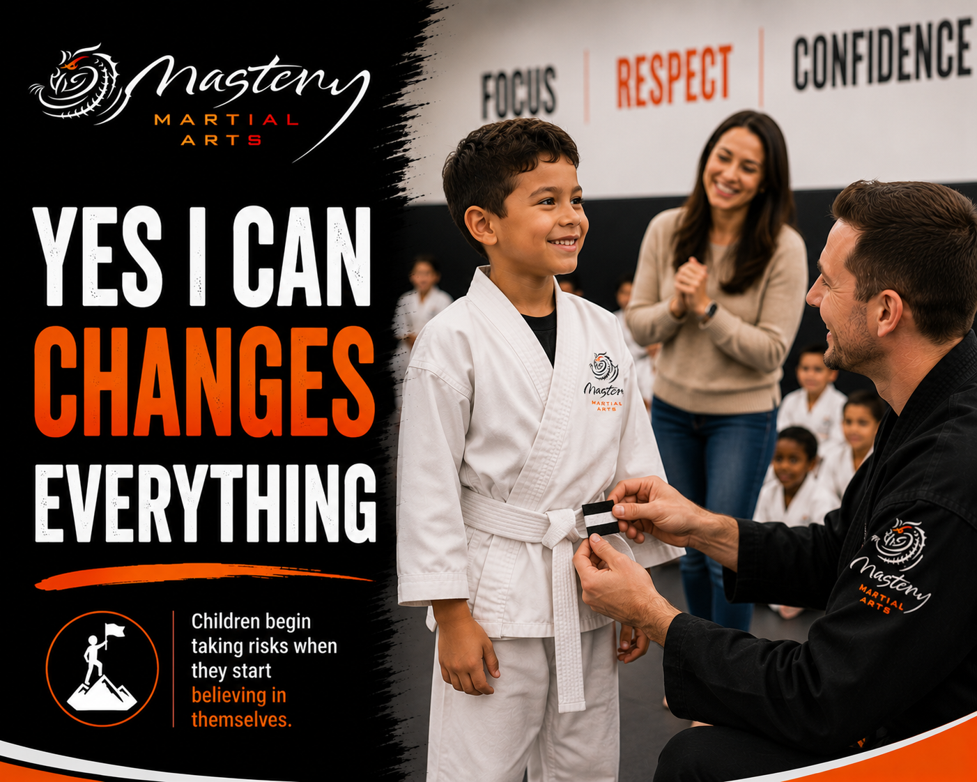 Young Mastery Martial Arts student receiving recognition and developing confidence, courage, and a positive mindset. Young Mastery Martial Arts student receiving recognition and developing confidence, courage, and a positive mindset.