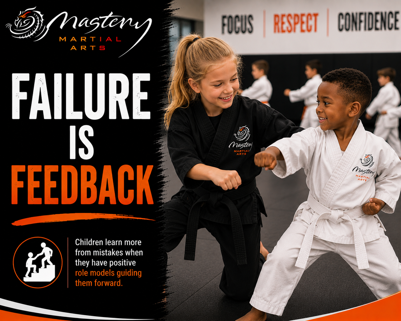 Older Mastery Martial Arts student helping a younger student learn a new skill while building confidence and leadership. Older Mastery Martial Arts student helping a younger student learn a new skill while building confidence and leadership.